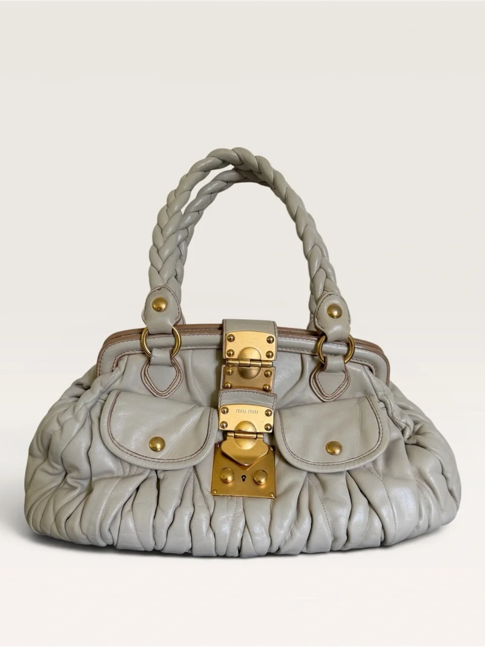 Vintage Miu Miu Ivory Matelassé Leather Satchel Bag Gold Hardware
